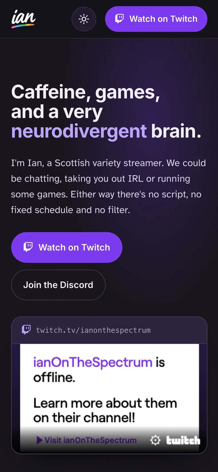 Example streamer site on a phone — hero, schedule and live player
